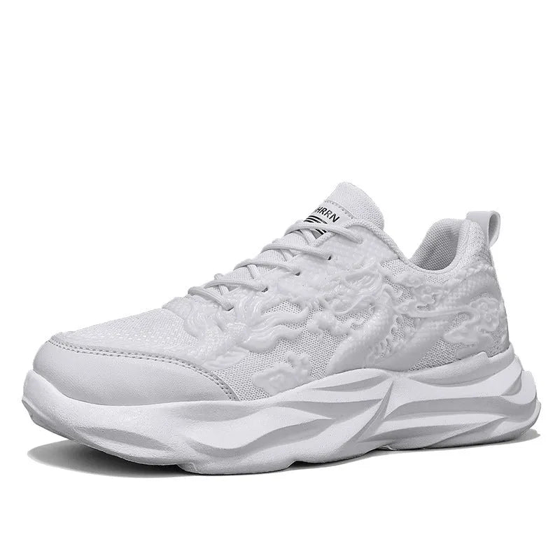 Casual Loong breathable sneakers in a dragon pattern colourway with a fly knit upper and rubber sole.