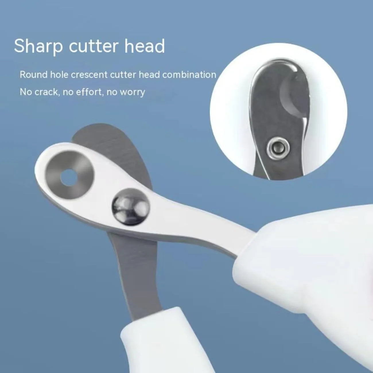 Blue pet nail clippers with circular cutting hole and non-slip handles on a white background.
