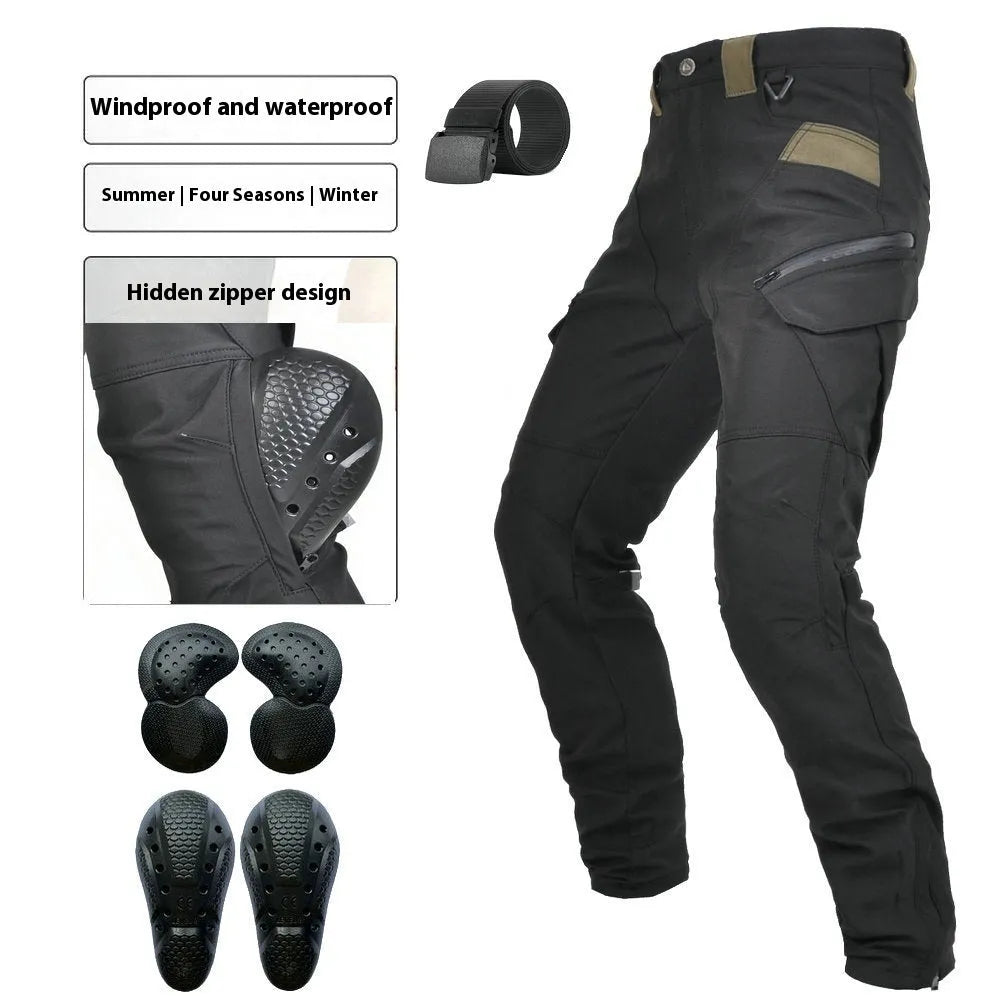 Men's black waterproof motorcycle pants with belt and protective gear set on a neutral background.