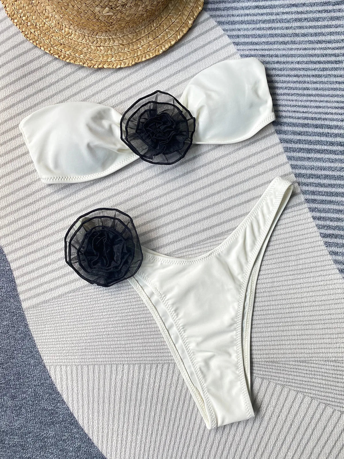 Flower split bikini swimsuit with cross-border tube top in striped colour option