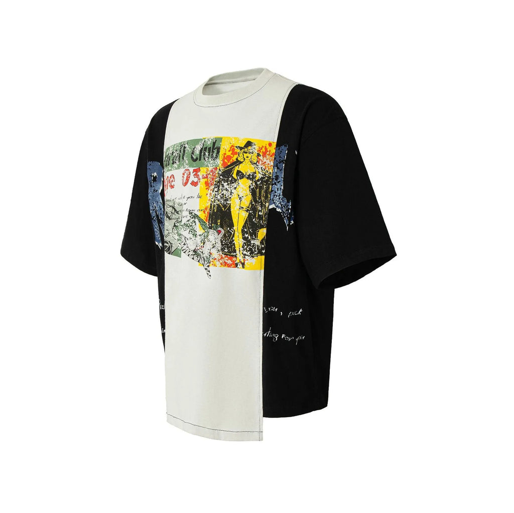 Black and white broken collage print cotton blend T-shirt with loose fit and short sleeves