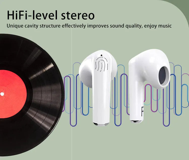 White wireless Bluetooth earphones with charging case showing semi in-ear design