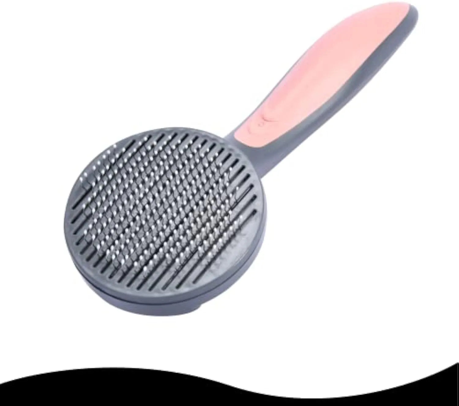 Grey self-cleaning pet grooming brush with a comfort-grip handle and a one-click button