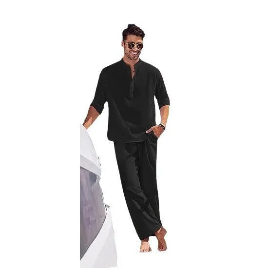 Men's solid colour cotton casual suit with long sleeve top and matching trousers in six colour options
