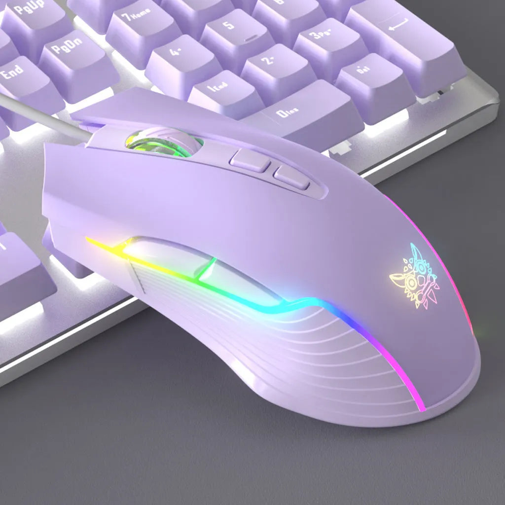 White and purple LED backlit mechanical keyboard and wired mouse set on a desk.