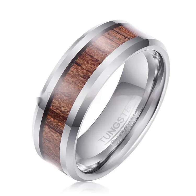Ugyen tungsten ring with wood leather texture in 8mm width, rose gold or steel colour options