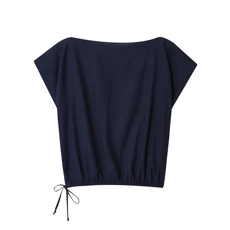 Women's linen blend blouse with flounce sleeves and matching wide-leg trousers coordinated set