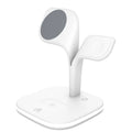 Black 3-in-1 desktop wireless charging stand showing phone, watch, and headphones charging simultaneously.