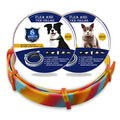 Rainbow coloured plastic flea collar for cats and dogs, showing cat and dog style options