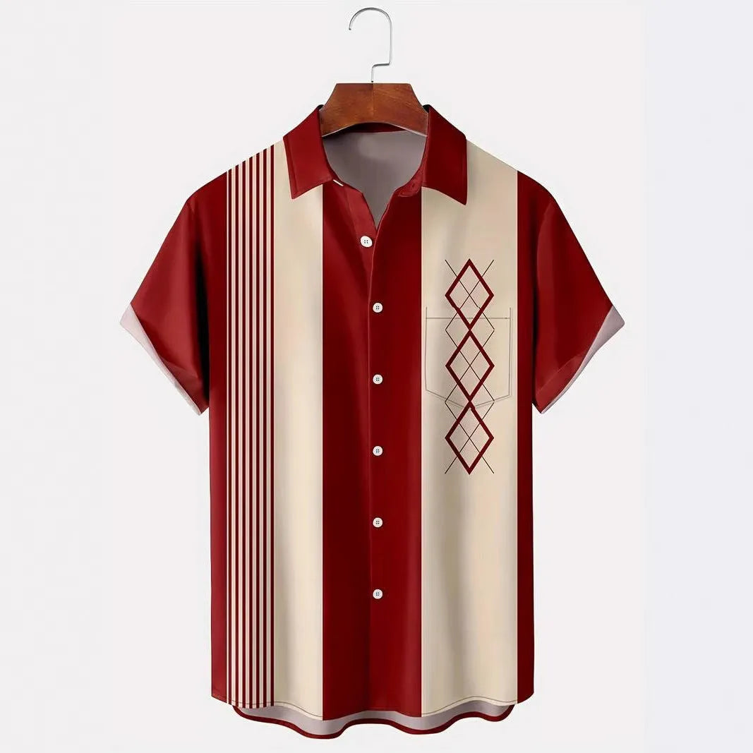 Man wearing a loose-fit plaid lapel cardigan shirt in polyester fabric for summer.