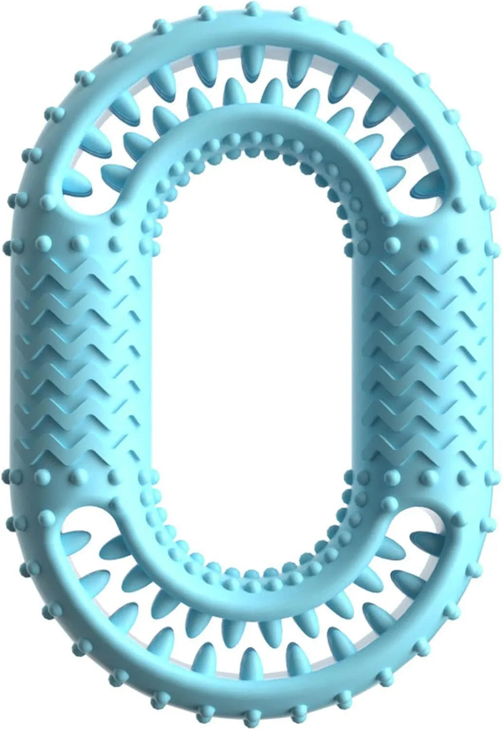 Blue durable rubber O-ring dog chew toy with dental cleaning ridges for aggressive chewers