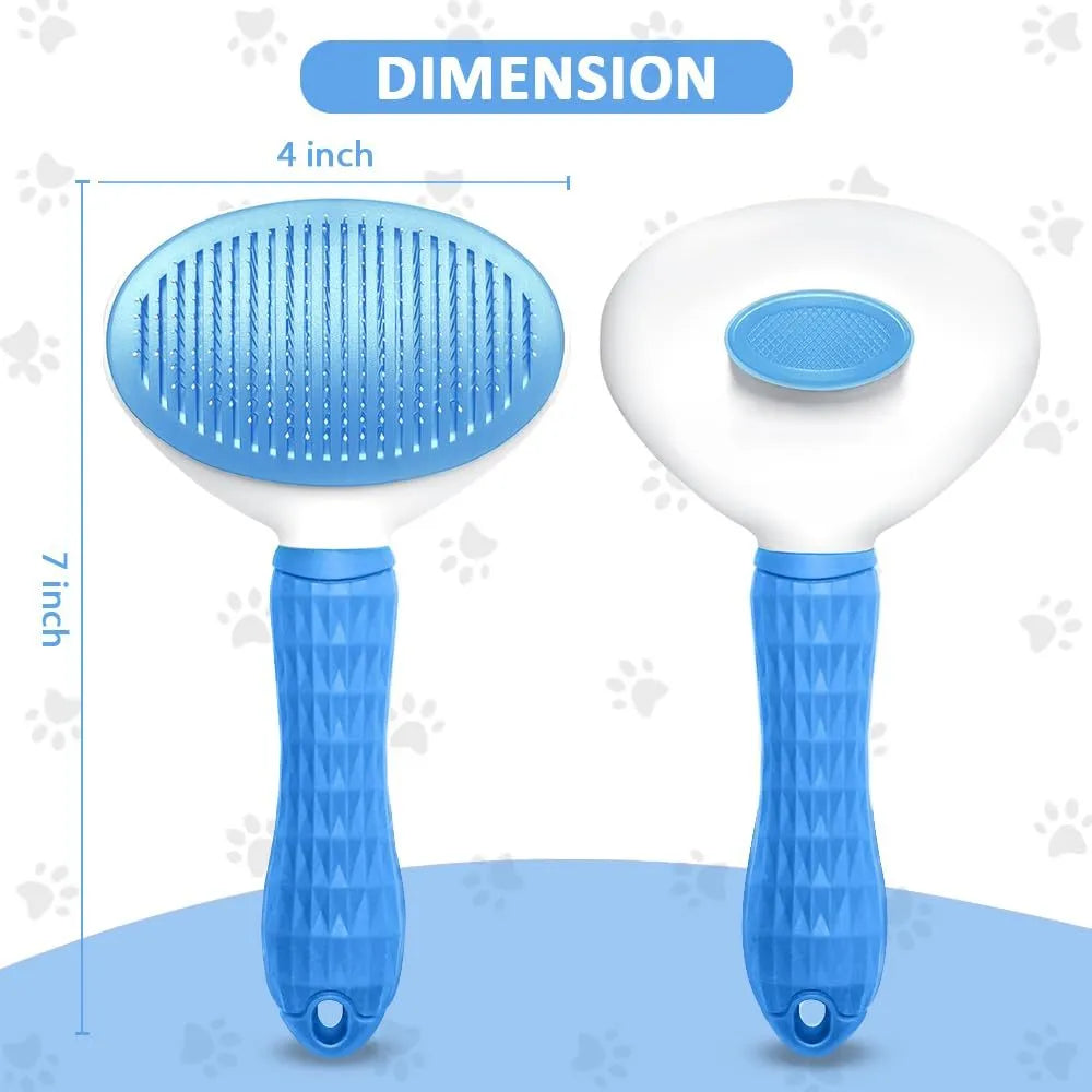 Blue cat grooming brush with a release button for removing collected pet hair.