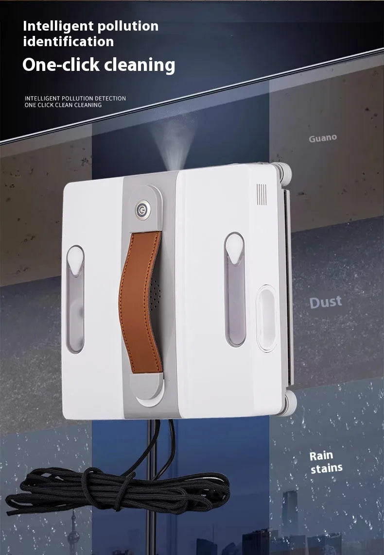 White high-rise window cleaning robot with water spray functionality