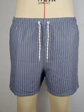 Men's striped beach shorts in navy blue, available in Asian sizes S to XXL with a straight-leg opening.