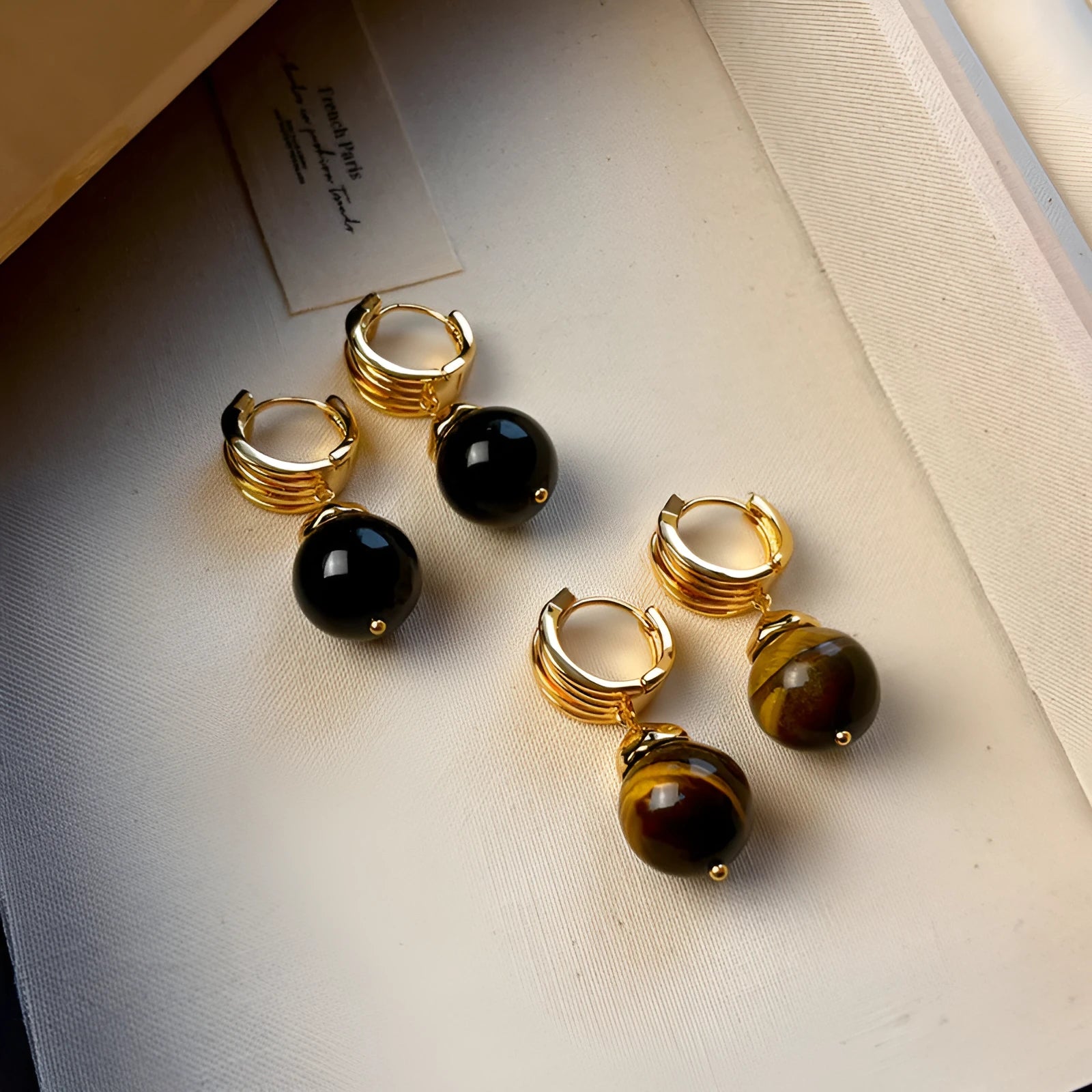 Gold-plated geometric tigereye earrings in French retro style, brown and black colour options