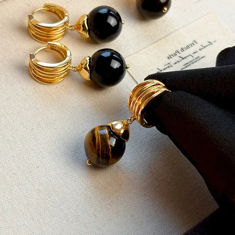 Gold-plated geometric tigereye earrings in French retro style, brown and black colour options