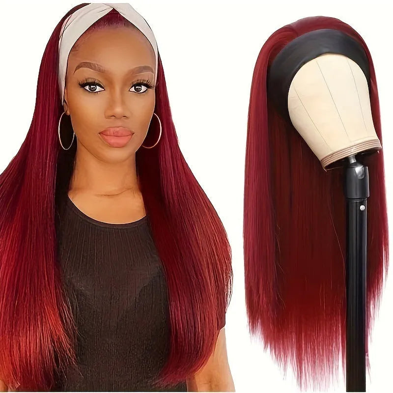 Headband wig with synthetic hair in straight, curly, and wine red colour options