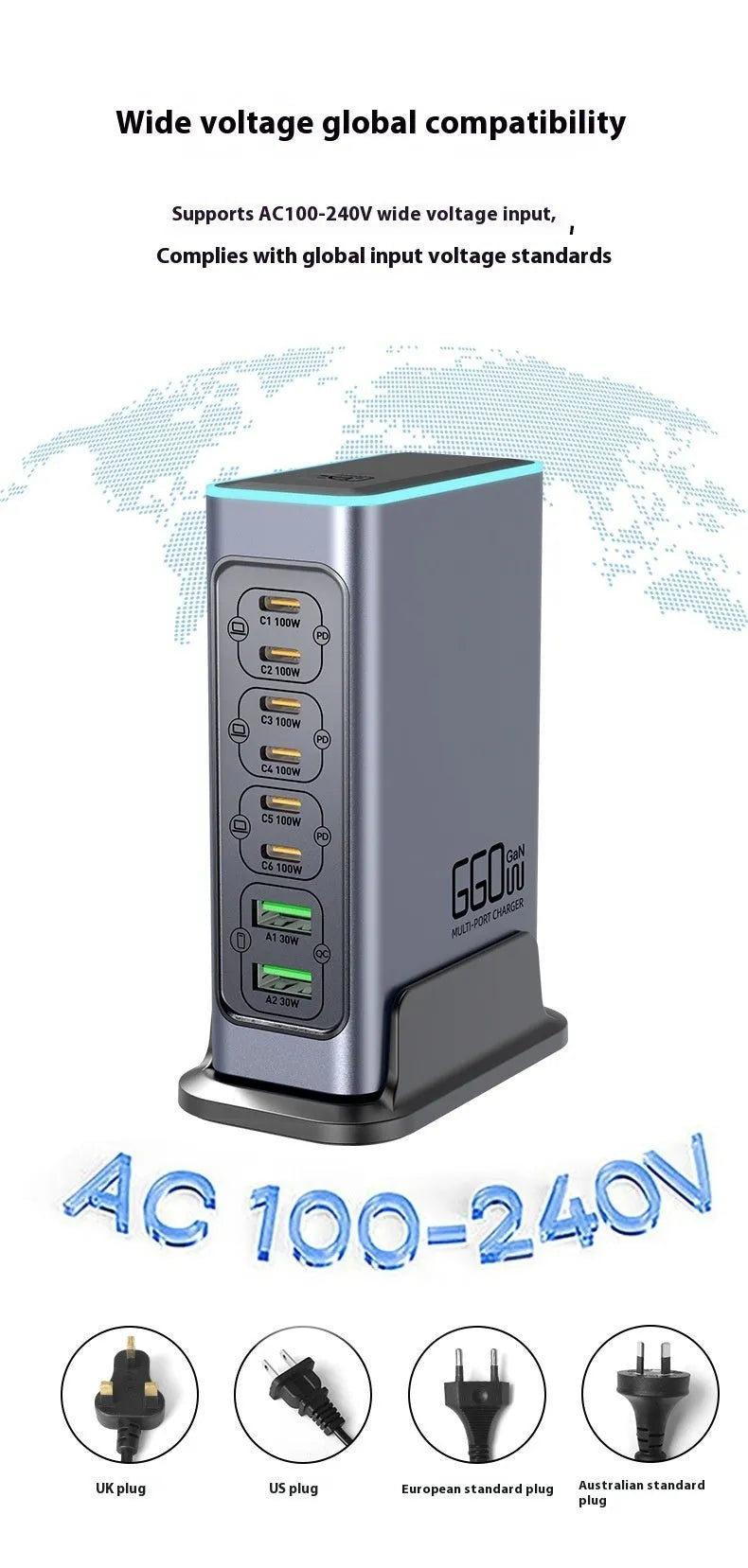 660W gallium nitride desktop fast charger with multiple TYPE-C ports and international plug options