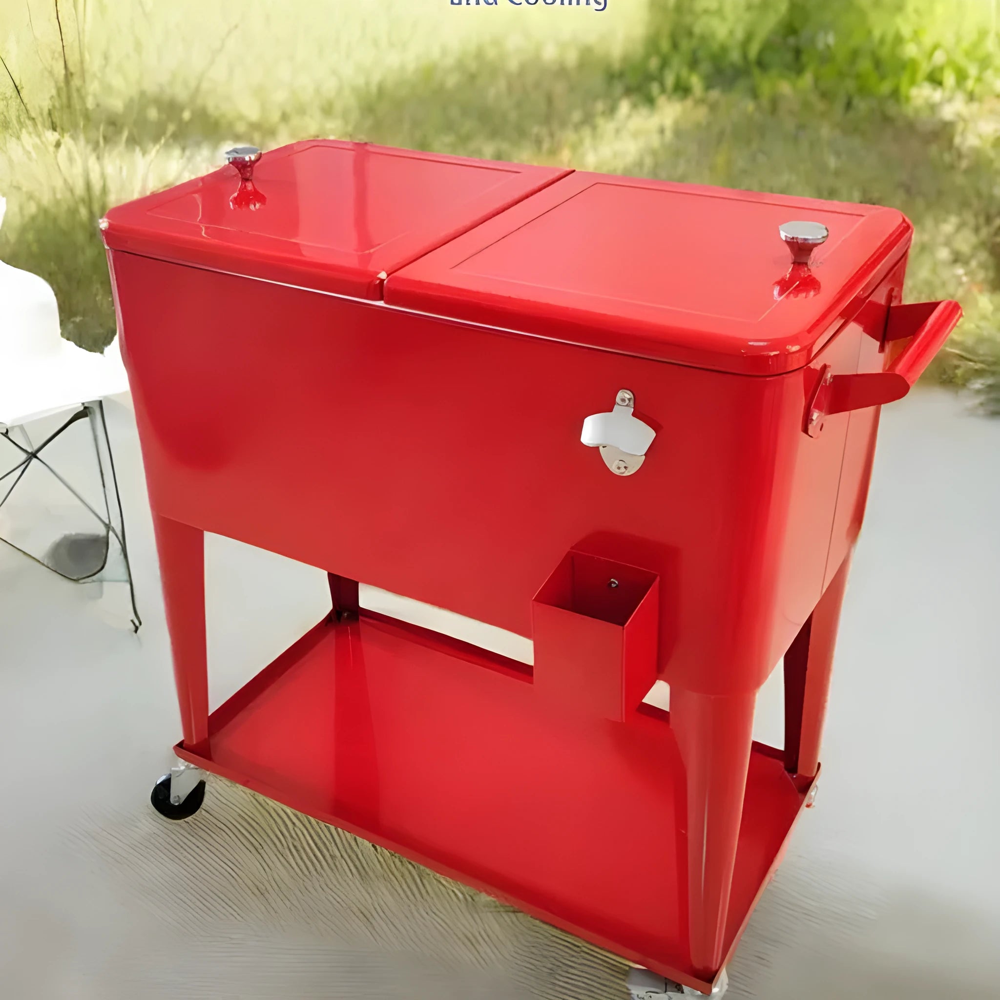 Red outdoor insulated cart with wheels for picnic food and drink temperature control