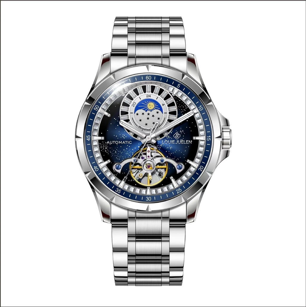 Men's silver automatic mechanical watch with blue dial, stainless steel strap, and transparent case back showing movement