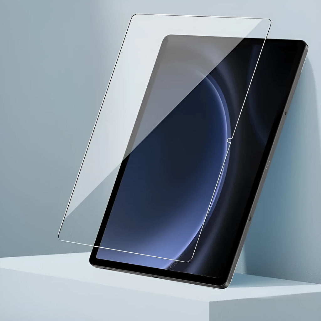 Samsung Galaxy tablet with tempered glass screen protector showing HD clarity and edge-to-edge coverage