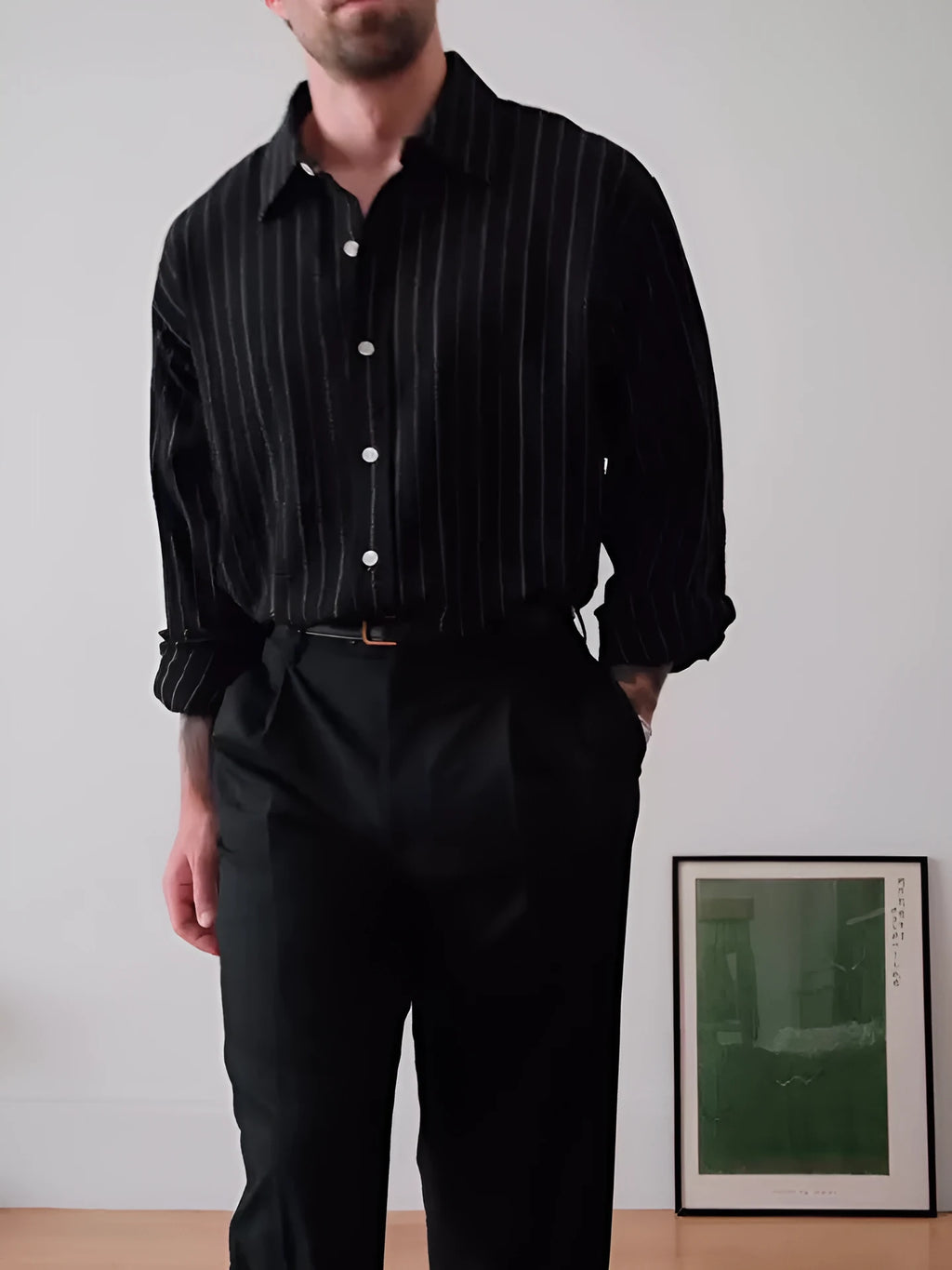 Black pinstriped regular fit button-down long sleeve shirt for men.