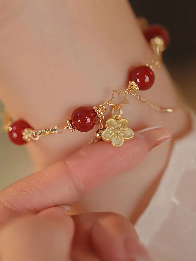 Red agate double layer bracelet with handcrafted peach blossom floral design