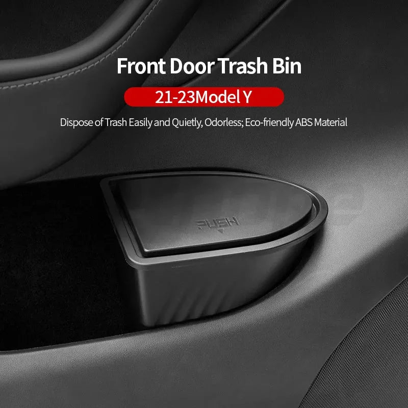 Two black ABS plastic car door storage bins designed for Tesla Model Y front compartments.