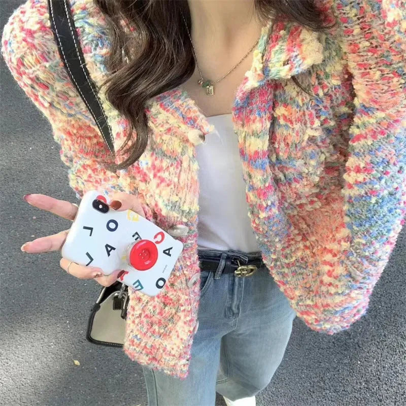 Pink and green rainbow knit cardigan with retro styling and slim fit