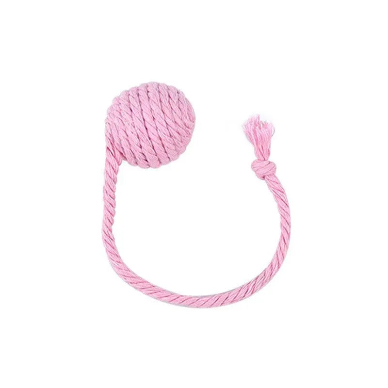 Green cat toy ball with a rope handle looped through it, shown next to a smaller pink version.