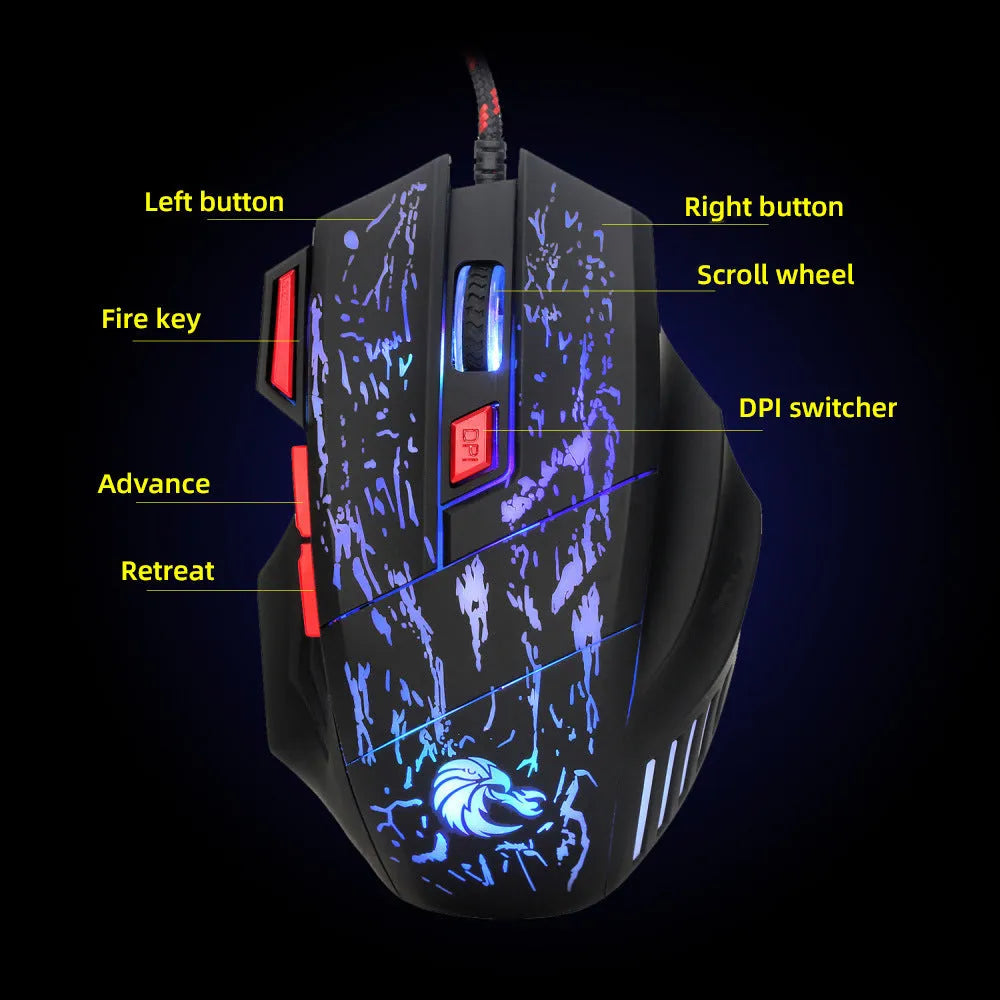 Black H300BK gaming mouse with colourful luminous crack design and USB cable