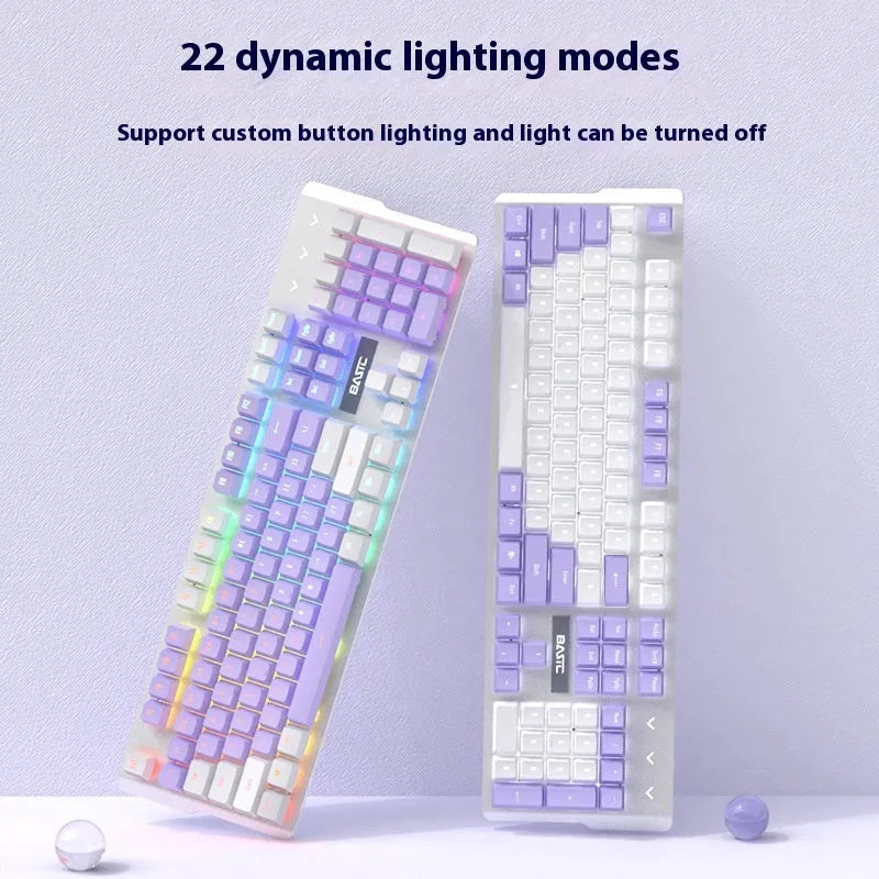 White and purple LED backlit mechanical keyboard and wired mouse set on a desk.