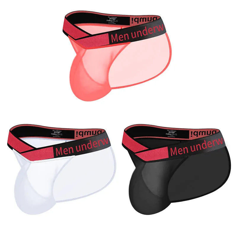Men's red nylon briefs with large V gradient high fork and low waist design