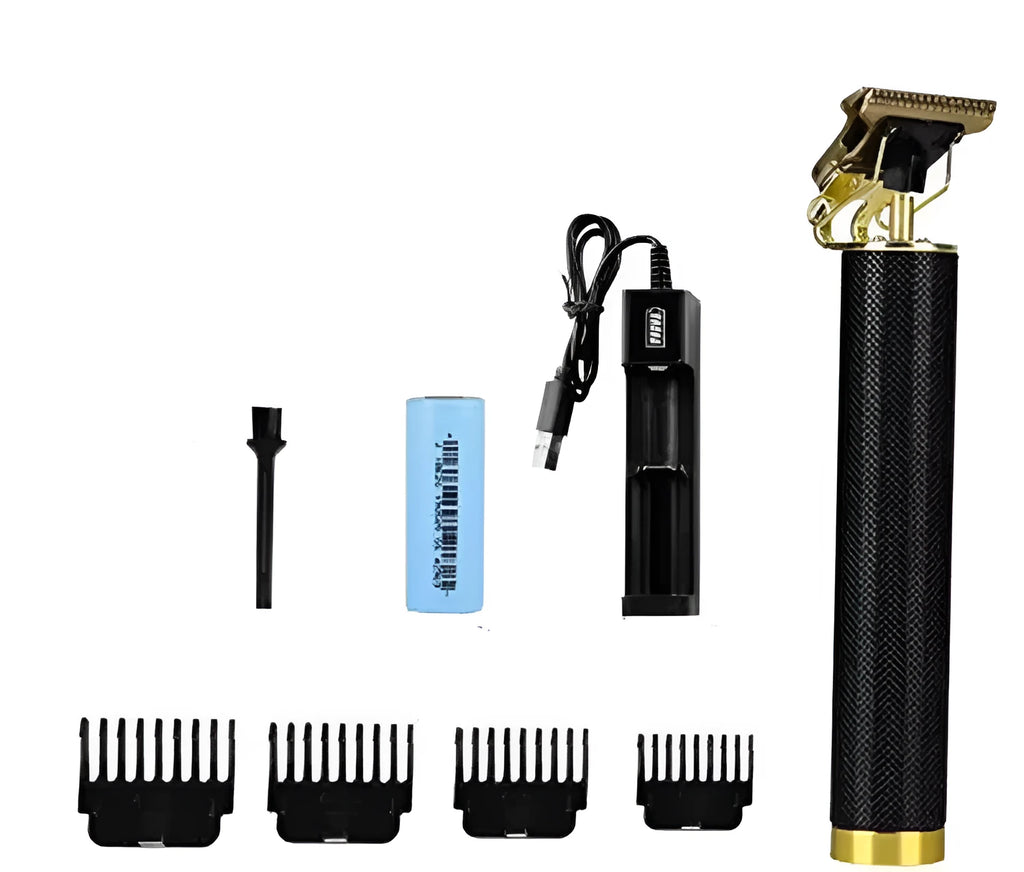 Black rechargeable electric hair clipper with four comb attachments and a cleaning brush on a table.