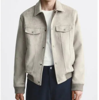 British style commuter jacket in suede velvet material with spandex fabric, shown in light gray and mink colour options