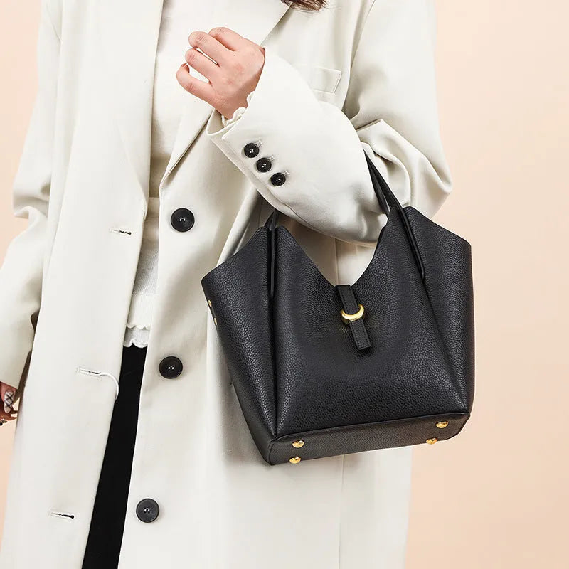 Genuine leather women's bucket handbag with file compartment in retro European style