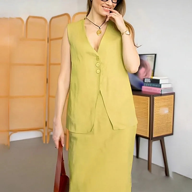 Women's sleeveless vest and long skirt two-piece casual set in blue colour