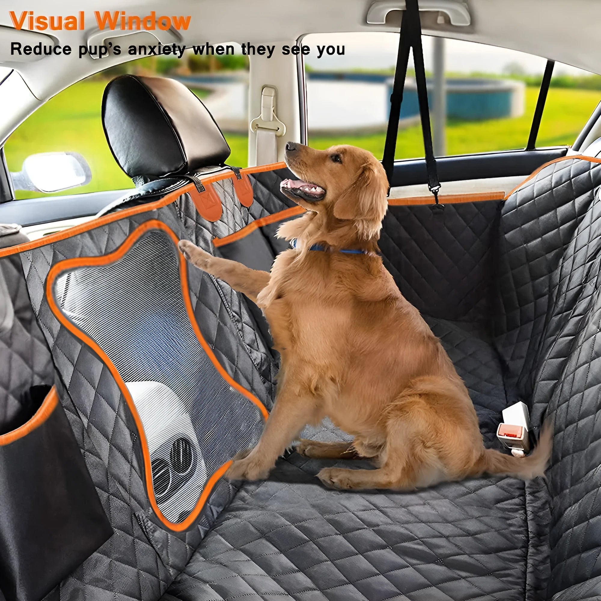 Black waterproof dog car seat cover with orange edging on a car rear seat, showing mesh window.