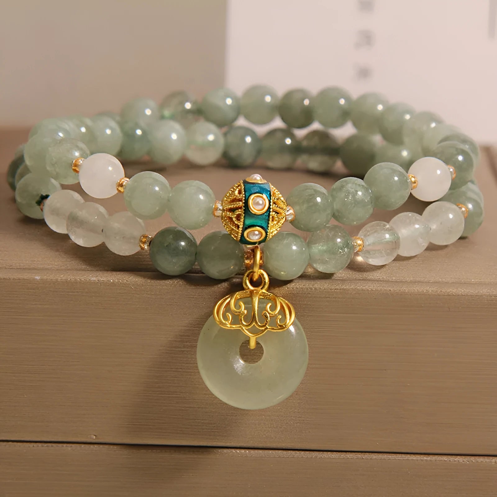 Women's double-layer aventurine jade bracelet with peace buckle in oil green colour