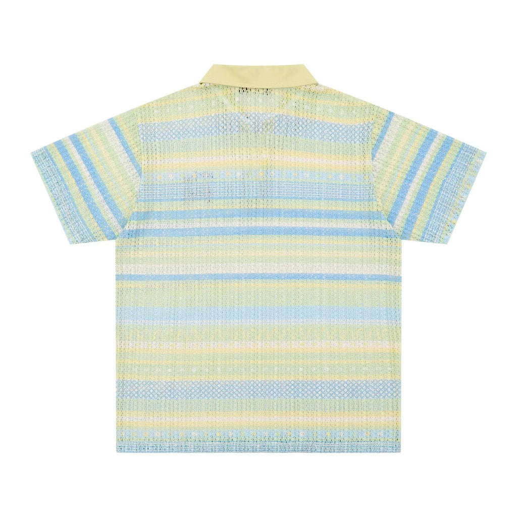 Men's blue printed short sleeve shirt with loose leisure fit on hanger