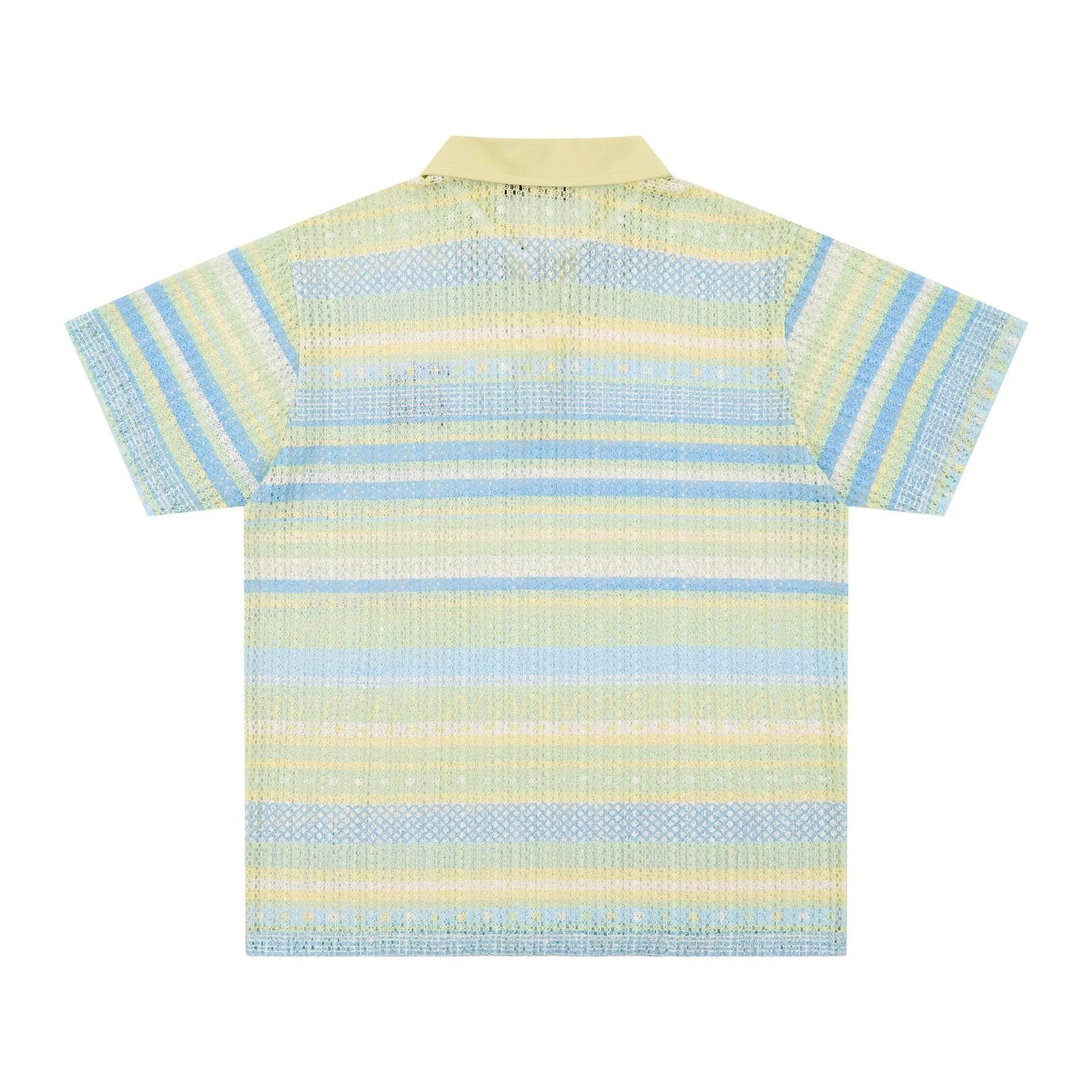 Men's blue printed short sleeve shirt with loose leisure fit on hanger