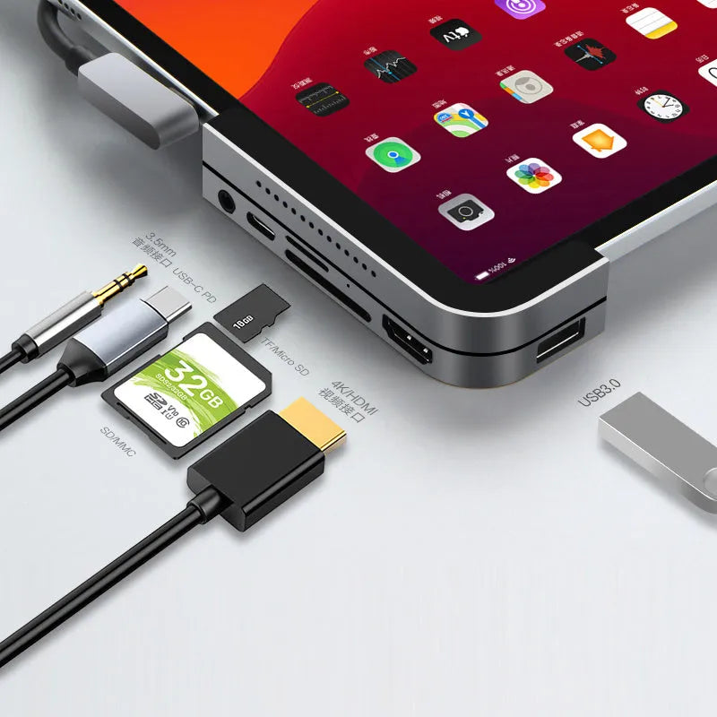 Silver aluminium USB-C docking station for iPad Pro with multiple connectivity ports