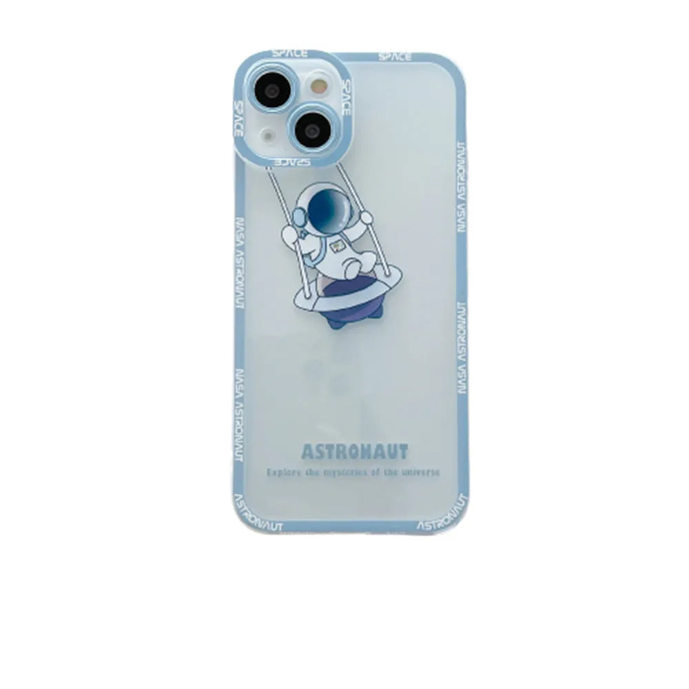 Transparent silicone iPhone case with astronaut print in blue, showing phone's original colour through clear background