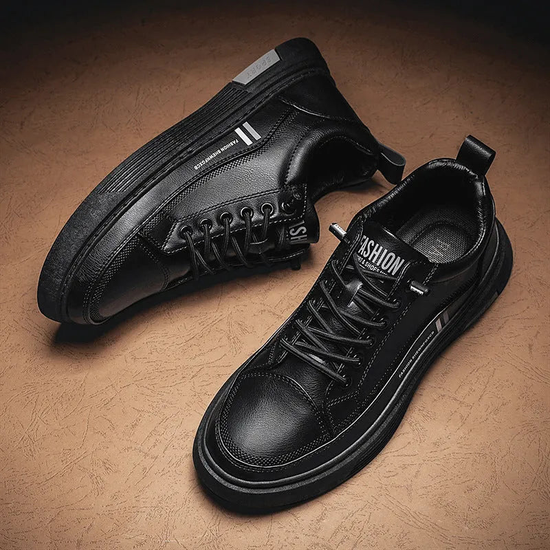 Men's white and black low-top skateboard shoes with elastic band closure