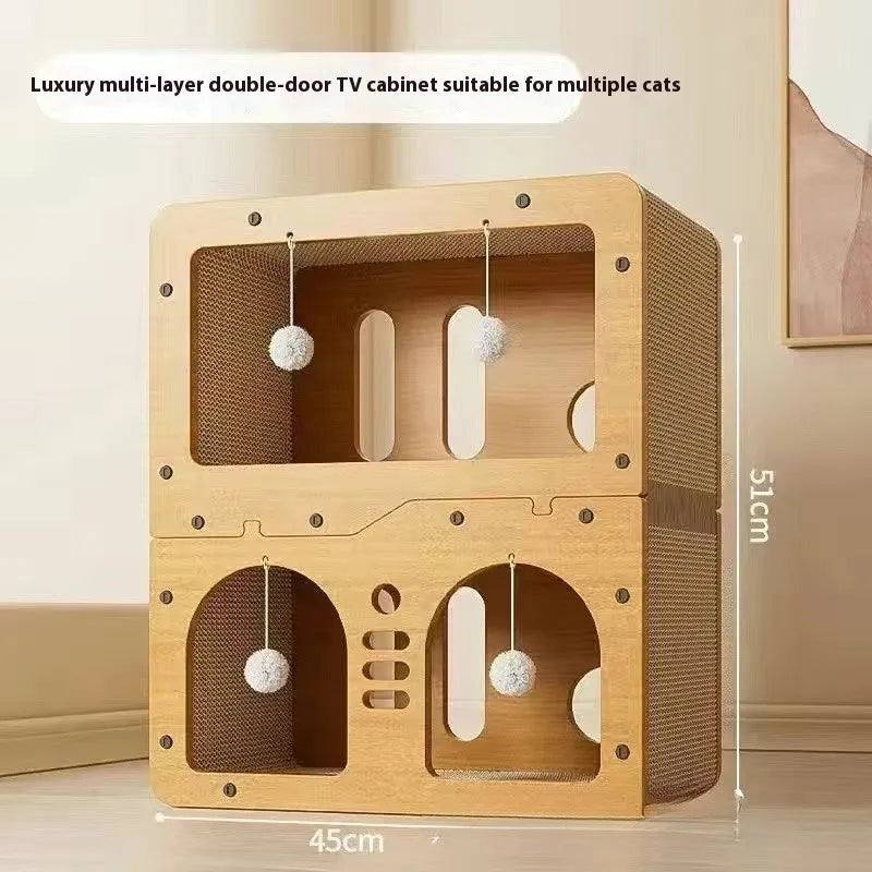 Double layer cat scratching board with integrated cat nest in various styles including owl and cat head designs