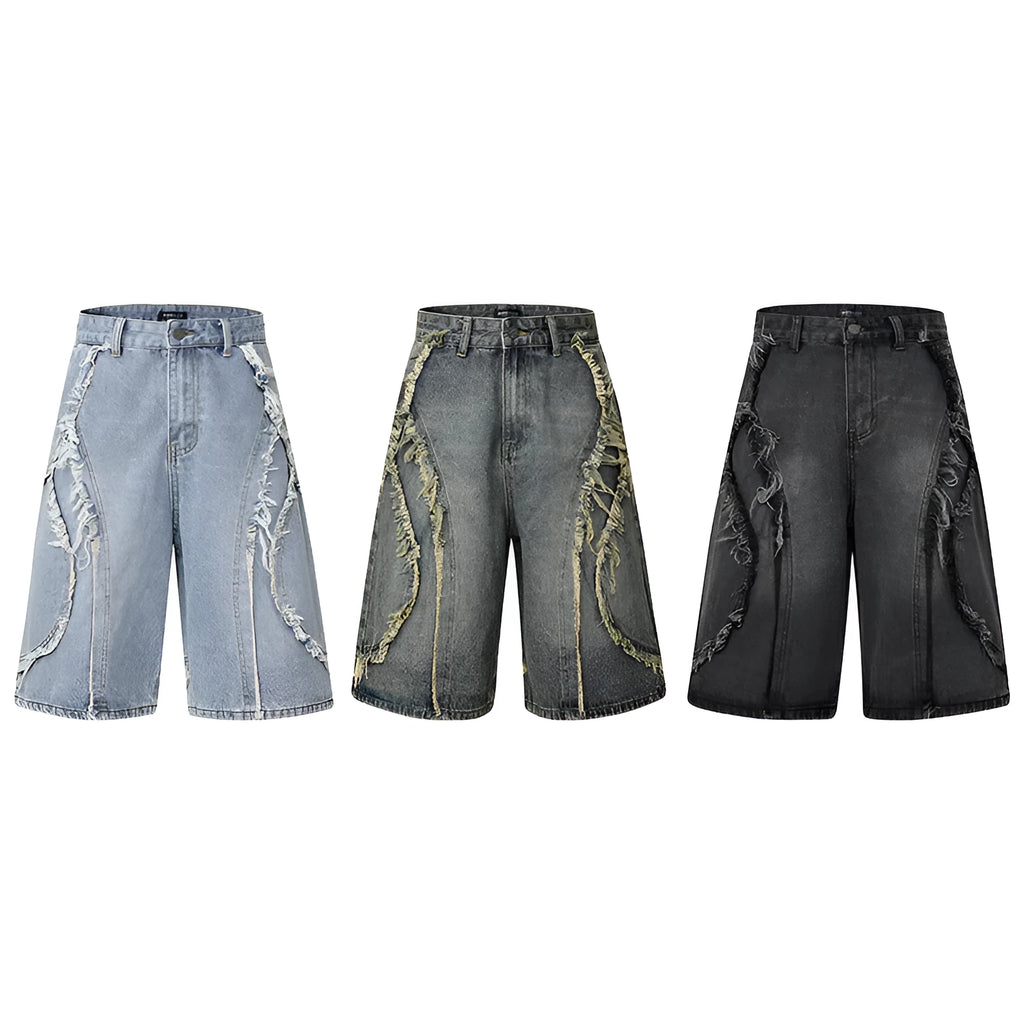 Distressed raw edge denim shorts in light blue, straight leg cropped cut.