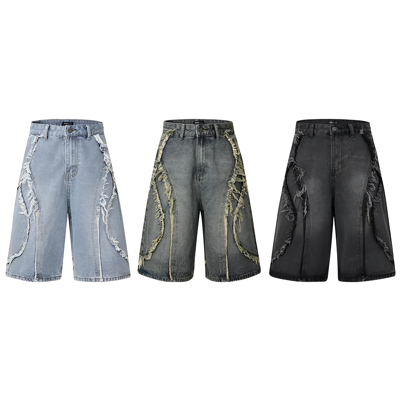 Distressed raw edge denim shorts in light blue, straight leg cropped cut.