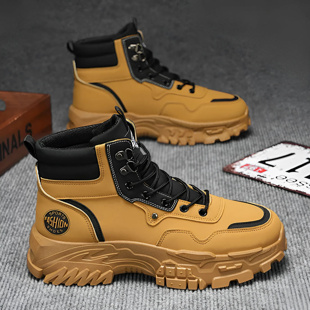 Men's black Martin boots with artificial PU upper and injection moulded sole, high-top design
