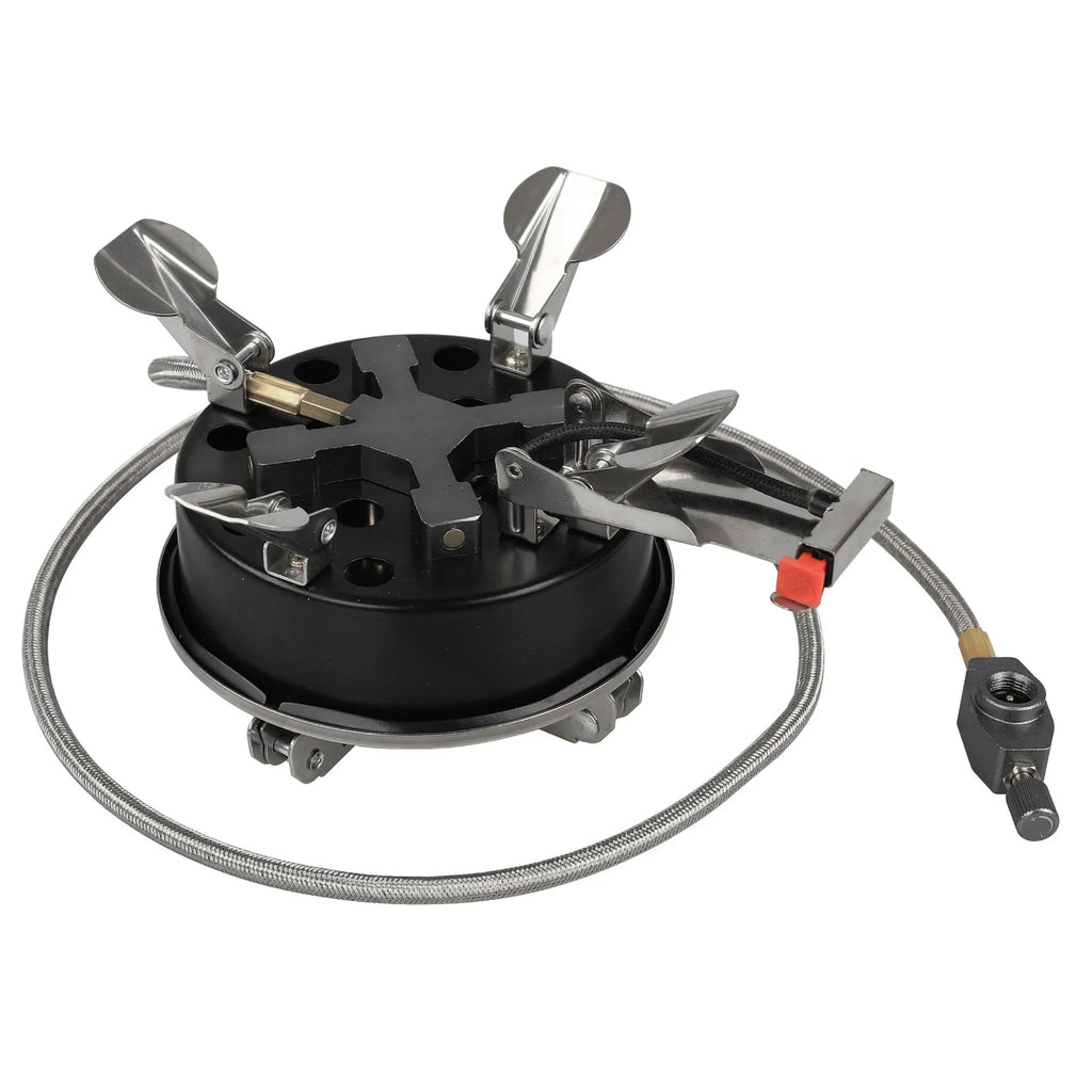 Silver folding stainless steel split camping stove with copper fittings and extended hose