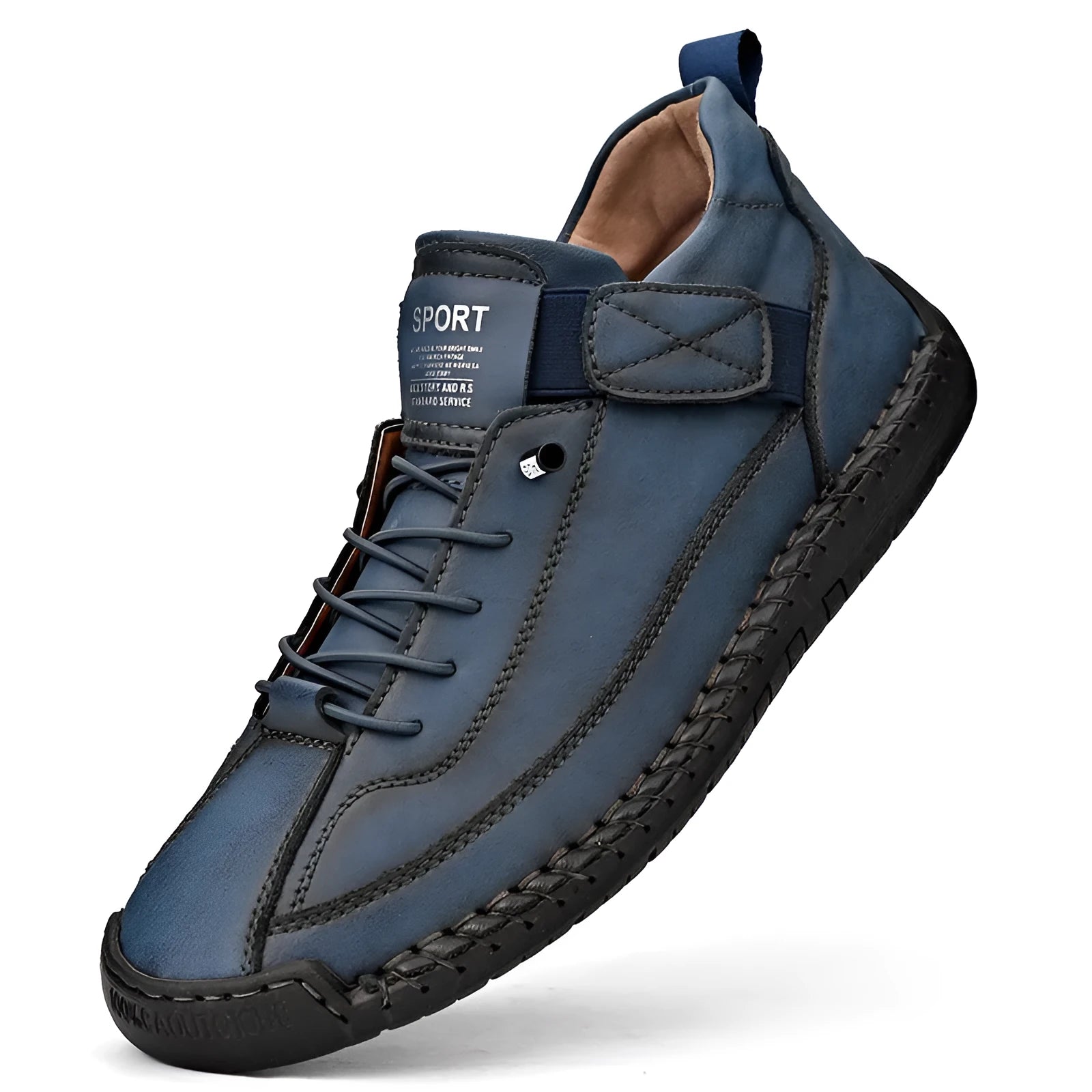 Men's mid-top Martin boot in khaki with tooling stitching and elastic band fastening.